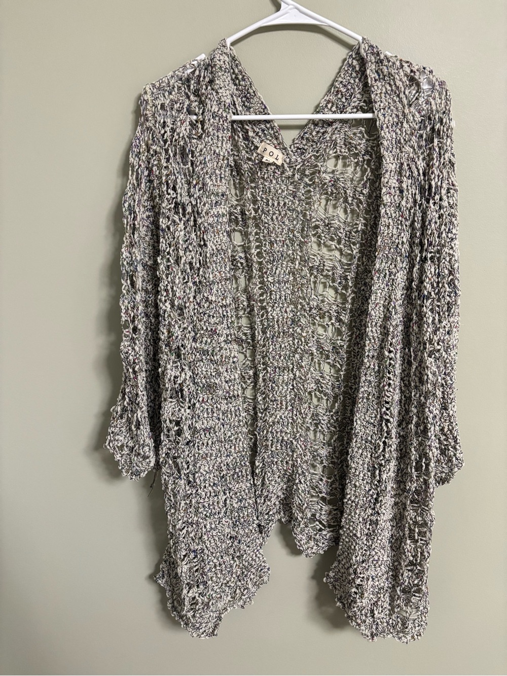 POL Open Knit Marled Cardigan Sweater Gray White Size Medium Crochet Duster